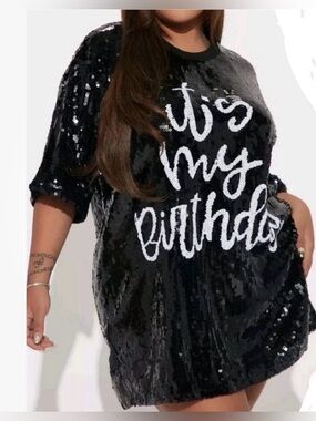 Fashion Nova Black Sequin "Tis My Birthday" Tee Dress